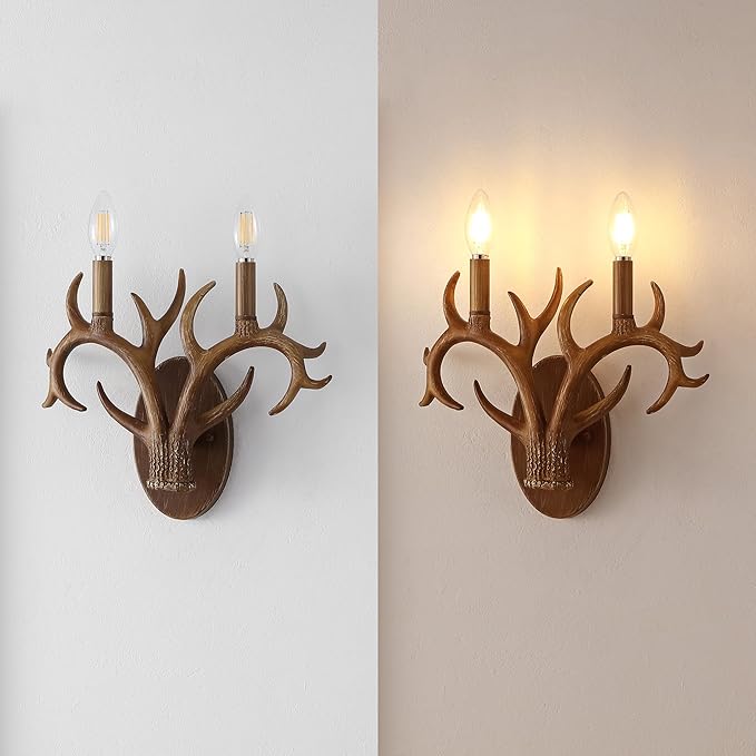 JONATHAN Y 13.25" Brown Wood Finish Faux Antler LED Vanity Light Set of 2, Rustic Wall Sconces for Bathroom Mirror Hallway, Southwestern Farmhouse Decor, LED Bulbs Included (JYL6308A)