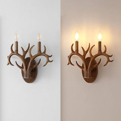 JONATHAN Y 13.25" Brown Wood Finish Faux Antler LED Vanity Light Set of 2, Rustic Wall Sconces for Bathroom Mirror Hallway, Southwestern Farmhouse Decor, LED Bulbs Included (JYL6308A)