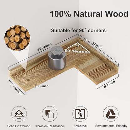4 Tier Corner Floating Shelves Set of 4, Rustic Pine Wood Corner Shelves for Wall Storage and Decor, L-Shaped Corner Wall Mounted Shelf for Bedroom, Living Room, Bathroom, Kitchen - Carbonized Black