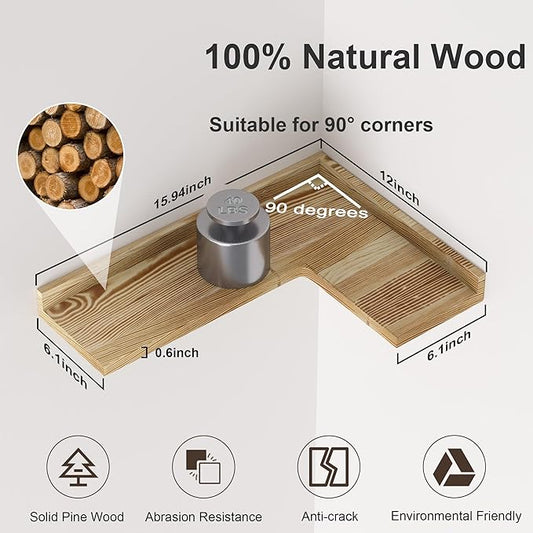 4 Tier Corner Floating Shelves Set of 4, Rustic Pine Wood Corner Shelves for Wall Storage and Decor, L-Shaped Corner Wall Mounted Shelf for Bedroom, Living Room, Bathroom, Kitchen - Carbonized Black