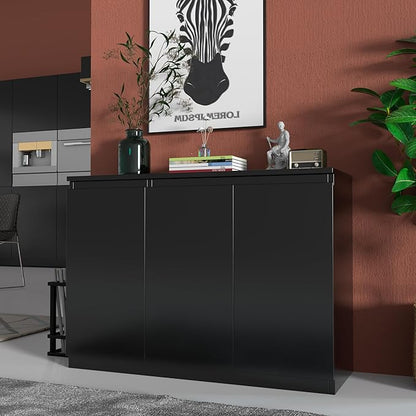 holzart 43" Black Buffet Cabinet Sideboard with Storage - Modern 3-Door Kitchen Cupboard & Coffee Bar Station for Dining Room, Living Room, Entryway - Adjustable Shelves, 43.3" W x 31.5" H