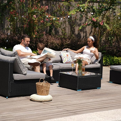 7 Piece Outdoor Patio Furniture Sets, Black Patio Sectional Furniture All-Weather PE Rattan Sectional Sofa, Outdoor Wicker Conversatin Set w Glass Coffee Table for Backyard, Spring, 2026