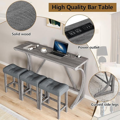 Betoko Counter Height Table and Chairs Set, Breakfast Nook Bar Table with Outlet and Chairs, Dining Room Bar Table and Chairs for Kitchen, Grey