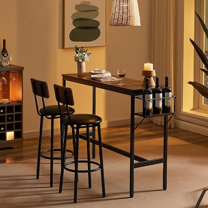 Wycian Kitchen Island Table, Bar Height Outdoor Table 3PCS Particle Board Rustic Brown with Wine Bottle Storage Rack Living Room Bedroom