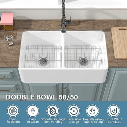 Double Bowl Farmhouse Sink White 33 x 18 Inch, Firecaly Apron Front Undermount Farm Sink Reversible(Sleek & Fluted Optional), Heavy-duty Dual Basin 50/50, for Kitchen