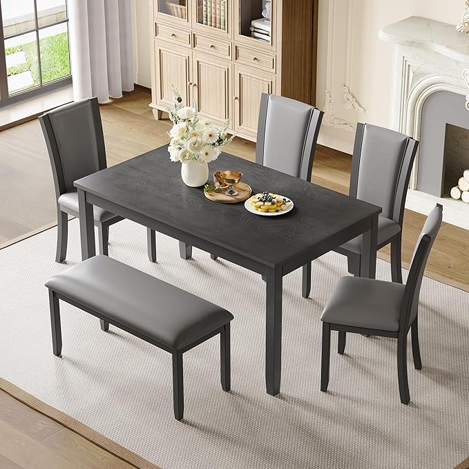 6-Piece Dining Table Set with Bench and Chairs, Wooden Dining Table Set for 6 People, Farmhouse Rustic Kitchen Table Set for Dining Room, Dark Walnut