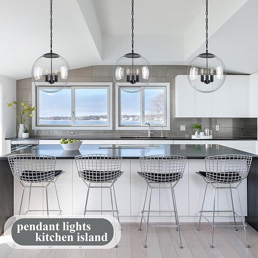 KoKo&Yukina 14" Black Globe Pendant Light Mid Century Pendant Light Clear Glass Pendant Lights Kitchen Island Adjustable Hanging Light Fixture for Dining Room Bedroom Kitchen Island