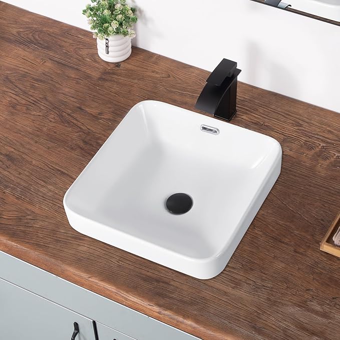 Bathroom Vessel Sink 16.6" X 16.6" Semi Recessed Bathroom Sink Square Drop In Bathroom Sinks with Overflow White Ceramic Vessel Sinks for Bathroom Modern Above Counter Basin Vanity Sink