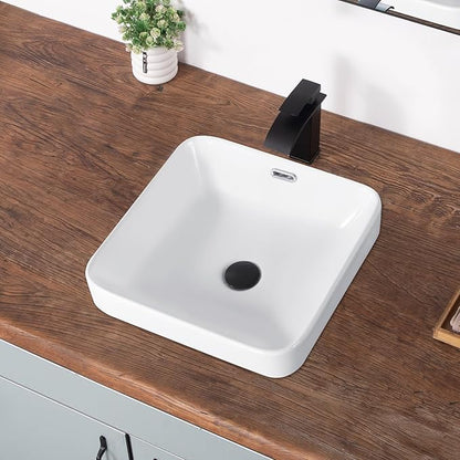 Bathroom Vessel Sink 16.6" X 16.6" Semi Recessed Bathroom Sink Square Drop In Bathroom Sinks with Overflow White Ceramic Vessel Sinks for Bathroom Modern Above Counter Basin Vanity Sink