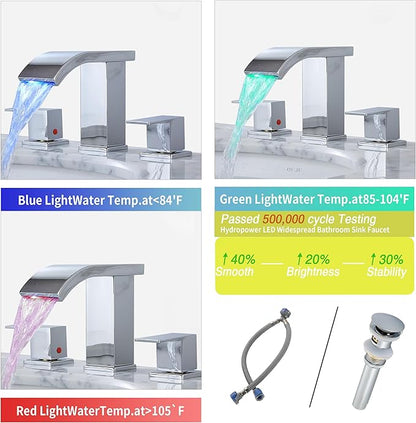 Bathroom faucets 3 Hole Widespread LED Light Bathroom Sink Faucet 8 inch Modern Bathroom Waterfall 3 Hole Vanity Chrome Faucet with Pop Up Drain(Chrome)