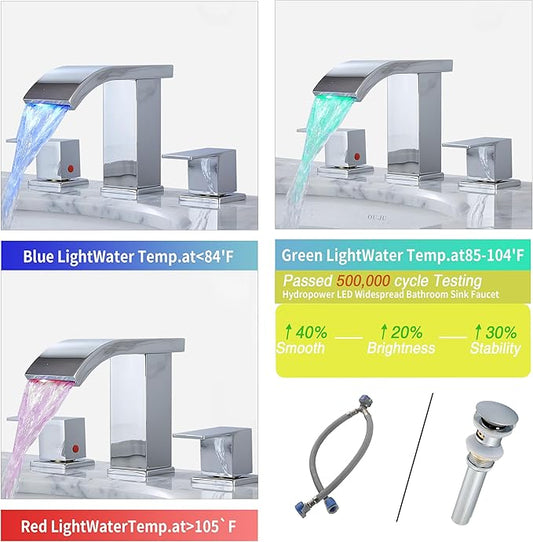 Bathroom faucets 3 Hole Widespread LED Light Bathroom Sink Faucet 8 inch Modern Bathroom Waterfall 3 Hole Vanity Chrome Faucet with Pop Up Drain(Chrome)