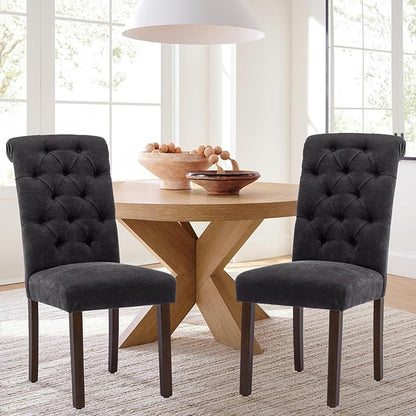 Tufted Dining Chairs Set of 2, Upholstered Parsons Dining Room Chairs, Fabric Kitchen Side Chair with Wood Legs, Black