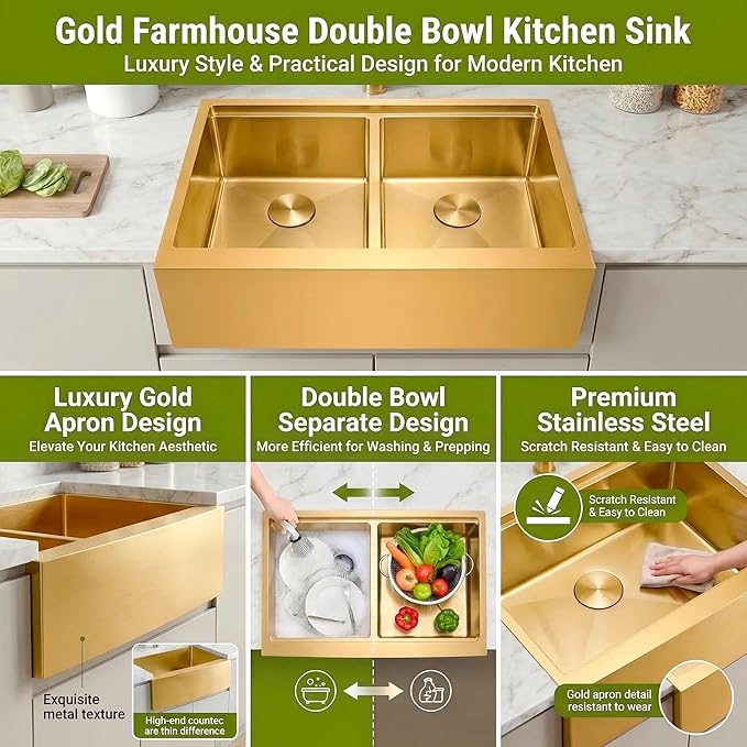 MILOSEN 30 Inch Gold Farmhouse Kitchen Sink, 30''x22'' Drop-in Stainless Steel Workstation Apron Front Sink with Ledge & Accessories, 50/50 Double Bowl Farm Sinks, 10'' Large and Deep Handmade Sinks