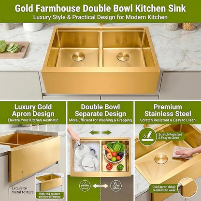 MILOSEN 30 Inch Gold Farmhouse Kitchen Sink, 30''x22'' Drop-in Stainless Steel Workstation Apron Front Sink with Ledge & Accessories, 50/50 Double Bowl Farm Sinks, 10'' Large and Deep Handmade Sinks