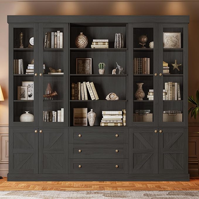 ivaniti 71" Tall Farmhouse Kitchen Pantry, Large Storage Cabinet with Glass Doors, Adjustable Shelves, 3 Drawer, Wood Versatile Hutch Cabinet for Dining Room, Living Room, Black 3 Pcs