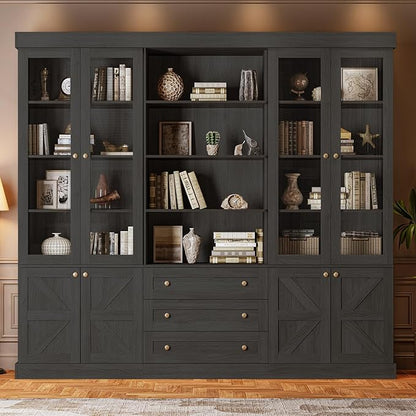 ivaniti 71" Tall Farmhouse Kitchen Pantry, Large Storage Cabinet with Glass Doors, Adjustable Shelves, 3 Drawer, Wood Versatile Hutch Cabinet for Dining Room, Living Room, Black 3 Pcs