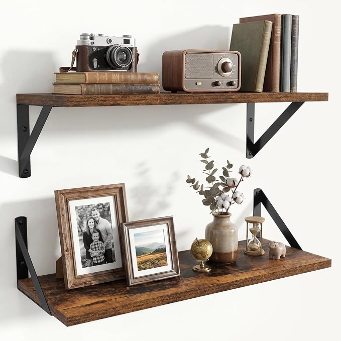 Axeman 20 Inch Floating Shelves | 8 Inch Deep Brown Wall Shelves Set of 2 | 20''W x 8''D Rustic Brown Wood Shelves for Bathroom Living Room Bedroom Kitchen