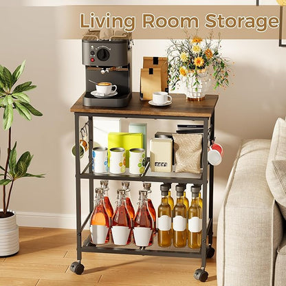 BEWISHOME Rolling Kitchen Cart 3 Tier, Microwave Kitchen Cart with Storage Function, Practical Roller Cart with 4 Locking Wheels for Kitchen, Living Room, Bathroom, Office, Bar (Brown) 99ZCC01H