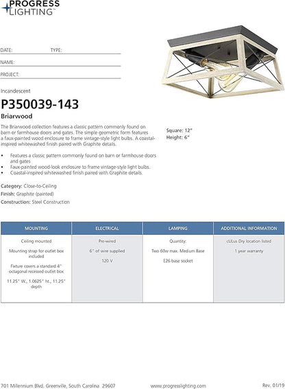 Progress Lighting Briarwood Collection 2-Light Ceiling Light, Flush Mount Ceiling Light Fixture for Interior Kitchen Lights, Hallway, Bedroom, Living Room, 12-Inch by 6-Inch, Graphite