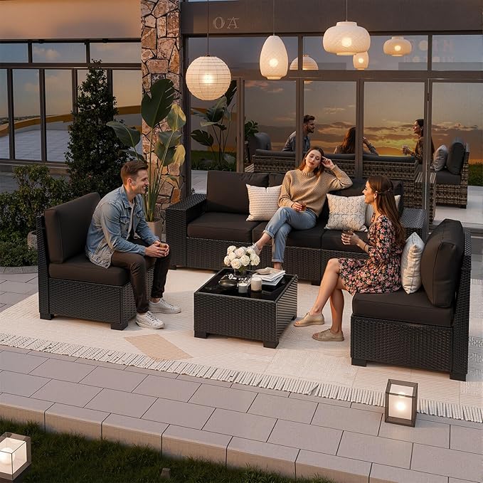 Patio Furniture Set, Wide Armrest Outdoor Furniture Set with Thick Cushions, 6 Piece Wicker Rattan Patio Sectional Sofa for Backyard, Poolside, Garden