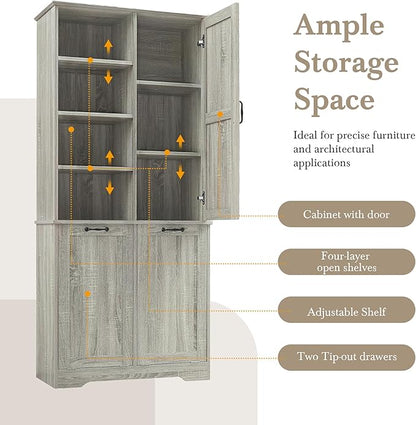 68" Tall Bathroom Storage Cabinet with One Door and Two Laundry Hampers for Home Display Organizer, Adjustable Shelf, Oak