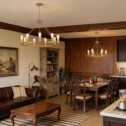 9-Lights Gold Chandelier | Dia 32'' Farmhouse Wagon Wheel Chandelier | Rustic Hanging Dining Room Light Fixture | Apply to Living Room | Kitchen Island | Entryway | Foyer