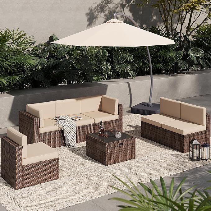 Aoxun 7 Piece Patio Furniture Set, All-Weather Wicker Outdoor Furniture 6 Seats Patio Conversation Sets with Storage Coffee Table, Outdoor Sectional Sofas for Backyard Garden(Brown/Khaki)