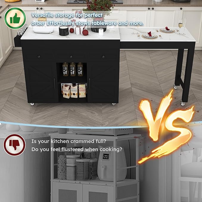 74.8" Kitchen Island with Extendable Dining Table, Marble Veneer Top & Built-in Power Outlet - Mobile Storage Cart with 3 Drawers & Cabinet, Rolling Kitchen Cart for Dining Room, Black