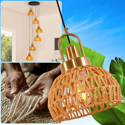 Modern Boho Gold Rattan Pendant Light 6-Lights Vintage Farmhouse Rattan Pendant Light Fixture Hand Woven Golden Bamboo Wicker Pendant Lights for Kitchen Stairwell, Entryway, Living Room