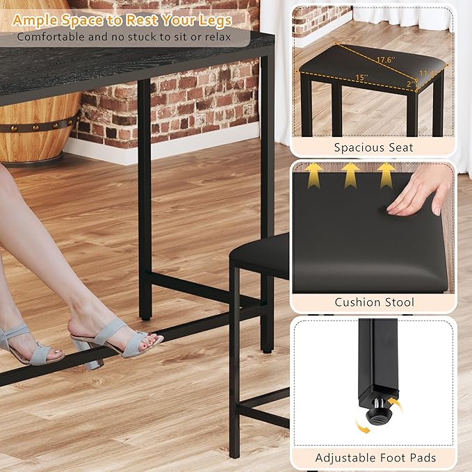 HUAHUU Bar Table and Chairs Set for 2-4, 63'' Convertible L-Shaped Kitchen Table with Power Outlets, 3 Piece Counter Height Small Dining Table with 2 Stools, Space Saving, Breakfast Nook Corner, Black