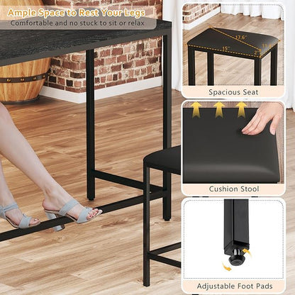 Bar Table and Chairs Set for 2-4, 3-Piece Convertible L-Shaped Dining Set with Storage Shelves & Cup Holder & Wine Rack, 63'' Corner Kitchen Table Set with 2 PU Cushion Stools & Power Outlets, Black