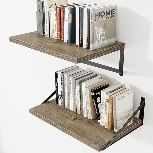 Deep Wall Shelves 16"W x 12"D Engineered Wood Floating Shelves for Wall, Sturdy Metal Bracket Bookshelves Home Decor Storage for Living Room Bedroom Bathroom Kitchen, Set of 2, Grey Finish