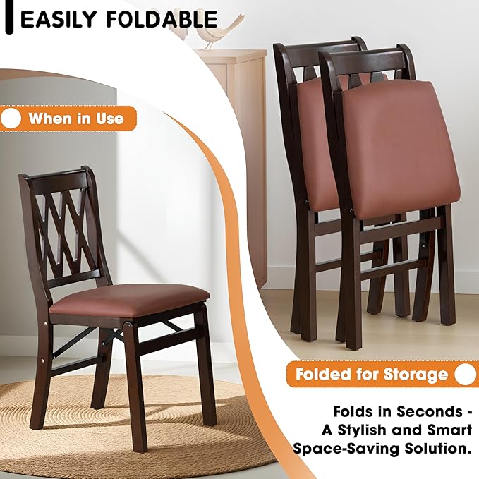 East West Furniture - PNC-MAH-26 – Plano Folding Solid Wood Dining Room Chairs with PU Leather Seat, 3-X Back Design, Set of 2, No Assembly Needed, Mahogany Wood Finish