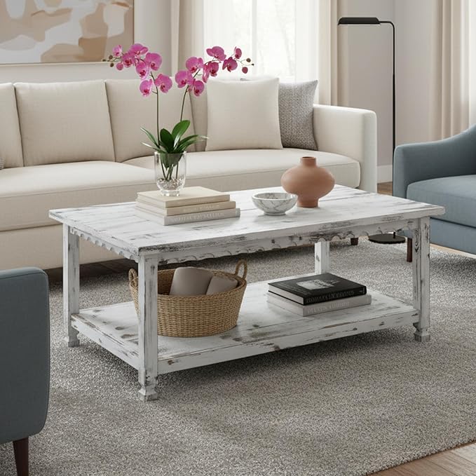 Country Cottage 42-Inch Farmhouse Coffee Table with Storage Shelf and White Antique Finish for Living Room or Family Room by Alaterre Furniture