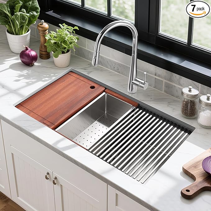 25-inch Undermount Kitchen Sink Workstation, SINKVINE 25x19 Outdoor Sink BBQ, Stainless Steel Single Bowl Basin w/Drain Strainer, Bottom Grid, Roll-up Drying Unit, Wood Cutting Board, Deep Colander