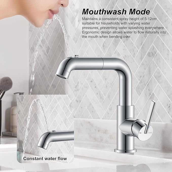 KENES Pull Out Bathroom Faucet with Sprayer, Polished Chrome Single Handle Bathroom Sink Faucet with Pull Down Sprayer, Vanity Bar Faucet with Pop Up Drain & Deck Plate, LJ-9055A-5