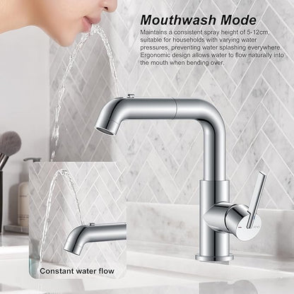 KENES Pull Out Bathroom Faucet with Sprayer, Polished Chrome Single Handle Bathroom Sink Faucet with Pull Down Sprayer, Vanity Bar Faucet with Pop Up Drain & Deck Plate, LJ-9055A-5