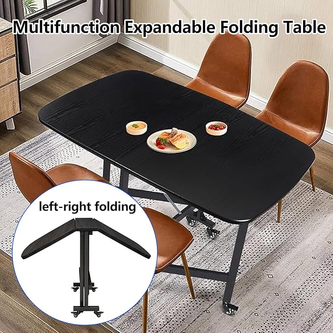 Folding Dining Table, Moveable Kitchen Desk with Wheels, Foldable Dining Table, Space Saving Desk, for Restaurant Room, Kitchen, Living Room, Rustic and Black, Drop Leaf Dining Table with 6 Wheels