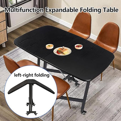 Folding Dining Table, Moveable Kitchen Desk with Wheels, Foldable Dining Table, Space Saving Desk, for Restaurant Room, Kitchen, Living Room, Rustic and Black, Drop Leaf Dining Table with 6 Wheels