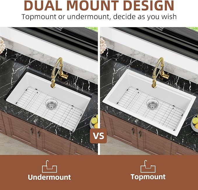 Davivy 30 Inch White Granite Composite Sink Workstation, 30 X 18 White Undermount Kitchen Sink, Dual Mount Installation, Deep Single Bowl with Accessories