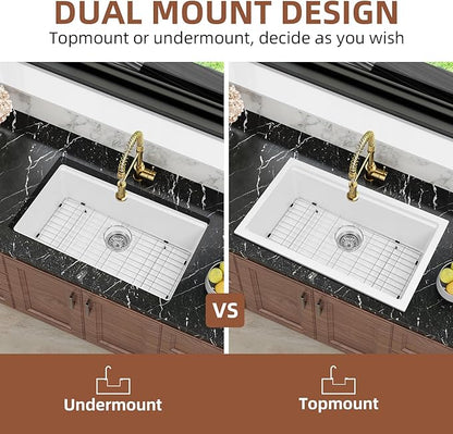 Davivy 30 Inch White Granite Composite Sink Workstation, 30 X 18 White Undermount Kitchen Sink, Dual Mount Installation, Deep Single Bowl with Accessories
