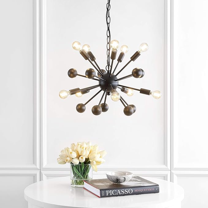JONATHAN Y 19.5" Black 10-Light Iron Sputnik Chandelier, Mid-Century Modern Industrial Adjustable Height Ceiling Fixture for Dining Room Living Room, LED Bulbs Included JYL9061A