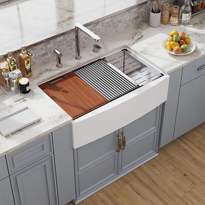 33 White Farmhouse Sink Workstation, Hugsleek Undermount Farm Kitchen Sink 33x21 inch Apron Front White Porcelain Ceramic Fireclay Sinks Ledge Accessories Under Counter Single Bowl Farmer Sinks Basin