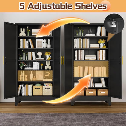 PAOFIN 75" Metal Kitchen Pantry Cabinet,Black Storage Cabinet with Doors and 5 Adjustable Shelves, Cabinet with 2 Metal Handles,Tall Cabinet for Livingroom,Pantry, Bathroom,Kitchen