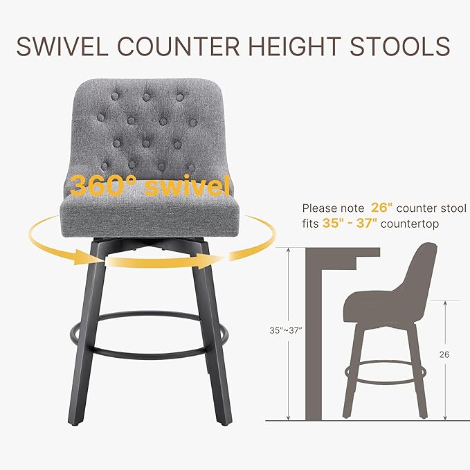 KISLOT Swivel Counter Height Bar Stools Set of 4, 26" Upholstered Fabric Barstools with Back, Thick Seat and Square Solid Wood Legs for Kitchen Island Home Bar, Grey