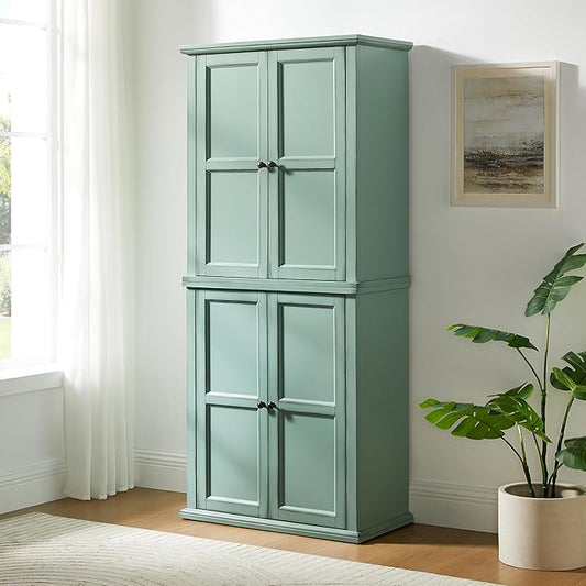 Crosley Furniture Holbrook Traditional Tall Kitchen Pantry, Laundry Room Cabinet, Bathroom Storage Cabinets, Distressed Seafoam Blue