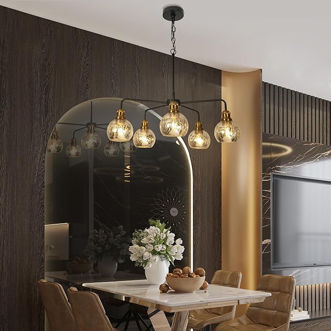KSANA 5 Light Kitchen Island Lighting, Mid-Century Modern Dining Room Chandeliers Black Gold Chandelier Light Fixture with Globe Mercury Glass for Living Room, Kitchen, Bedroom, Hallway, 28.3" W
