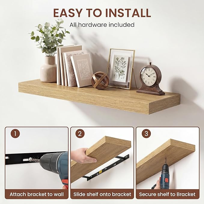Dreamland 36 Inches Floating Shelves for Wall, 9.3" Deep Long Floating Shelves Set of 2, Large Display & Storage Shelf, Wall Shelf for Bathroom Bedroom Living Room Kitchen Office, Oak