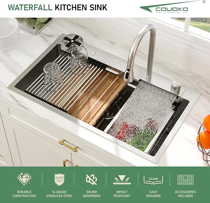 33 Inch Drop In Waterfall Kitchen Sink Workstation Smart 16 Gauge Stainless Steel Single Bowl Waterfall Sinks with Faucet Combo and Cup Washer Set