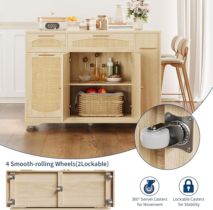IDEALHOUSE 53.1" Rattan Kitchen Island with Storage, Rolling Dining Cart with Trash Storage Cabinet, Mobile Island Cart with Drop Leaf, Adjustable Shelves, Drawer, 5 Wheels (Natural)